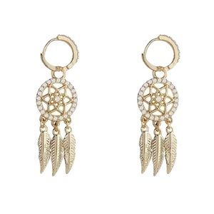 Diamond Gold Toned Dream Catcher Leverback Earrings
